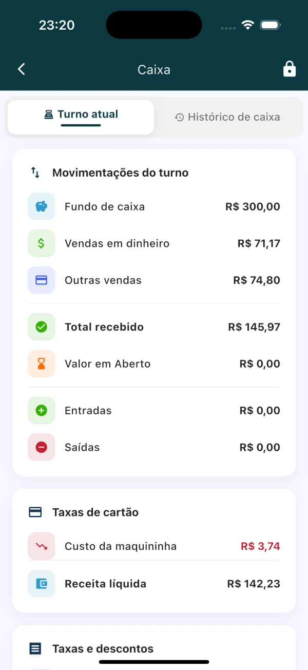 Movimentações do turno de caixa no ComandaON: vendas em dinheiro, entradas, saídas, custo da maquininha e receita líquida