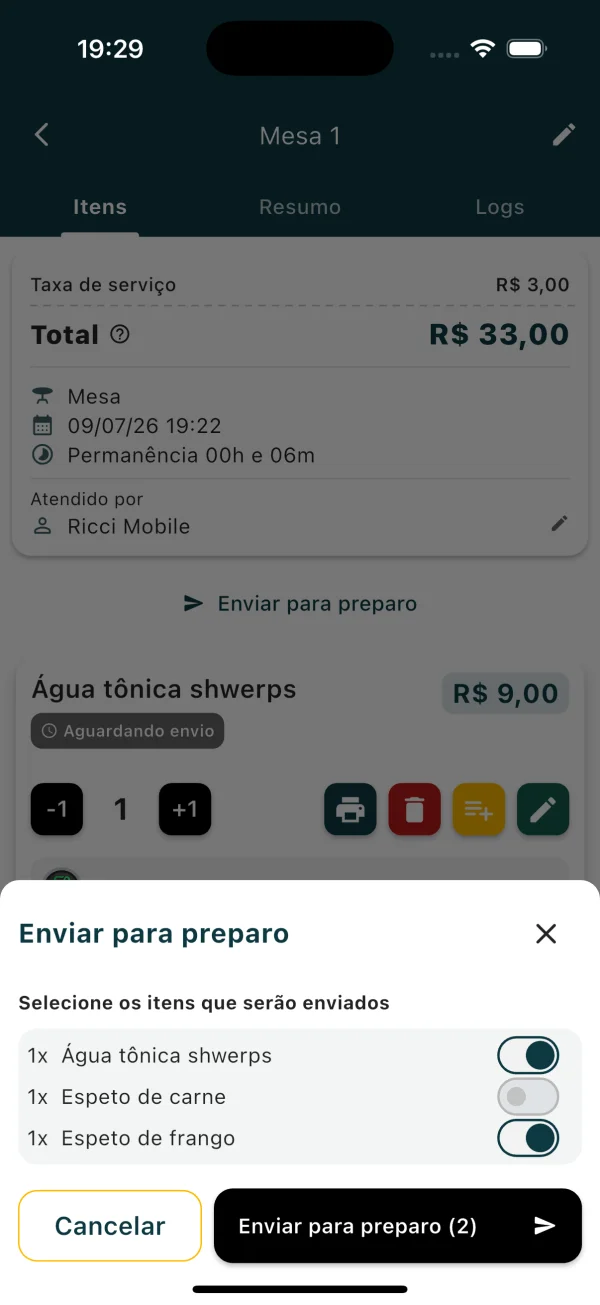 Tela Enviar para preparo do ComandaON selecionando espeto de carne e espeto de frango