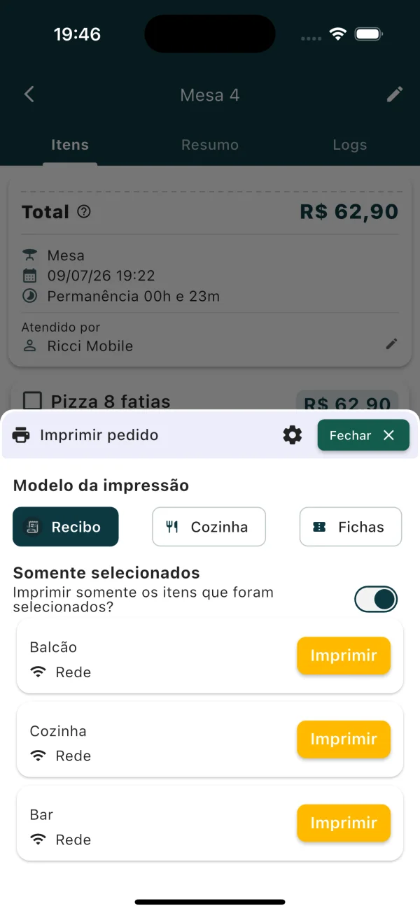 Escolha do modelo de impressão e das impressoras Balcão, Cozinha e Bar no app ComandaON