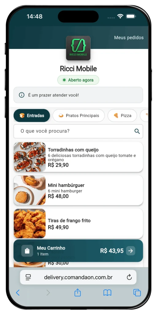 Tela do cardápio online